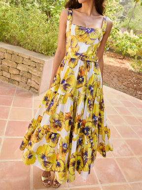 Yellow Pansy Print Square Neck Slip Midi Dress