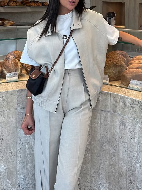 Beige Vest and Cropped Trousers Set