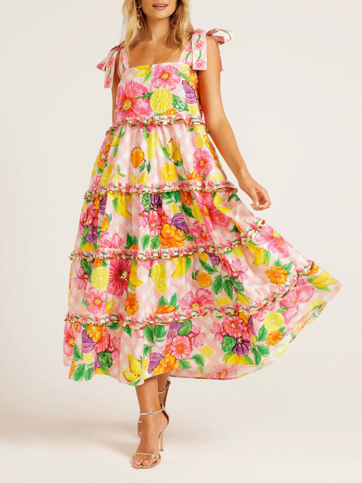 Chic Floral Sequined Square Neck Slip Dress