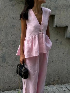 Cotton and linen V-neck ruffled two-piece suit